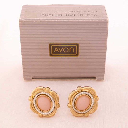 Avon-Ohrclips-Antik-Revival-1988-mit-rosa-Cabochons