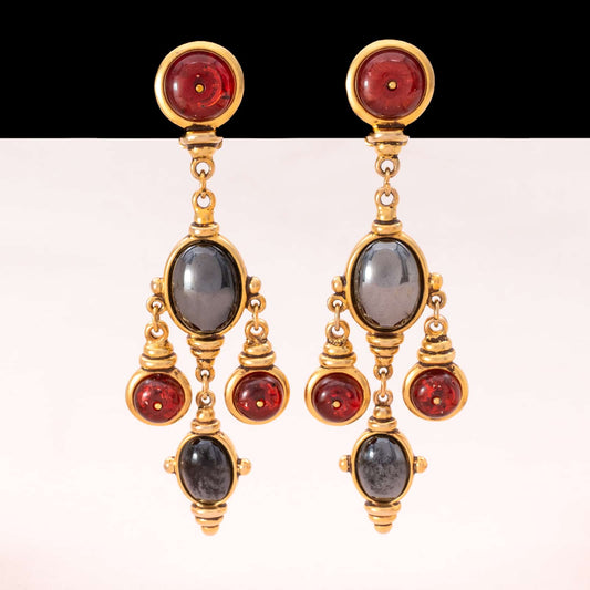 Ben-Amun-lange-Ohrringe-vergoldet-Dunkelrote-Graue-Cabochons