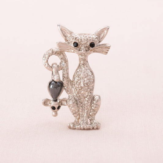 Katzen-Brosche-Strass-verziert-mit-baumelnder-Maus