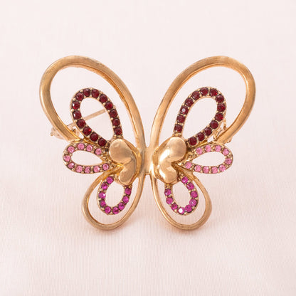 Schmetterling-Brosche-vergoldet-mit-rosa-roten-Strasssteinen-verziert