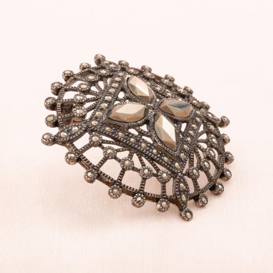 Antik-Revival-Brosche-Sterling-Silber-Hämatit