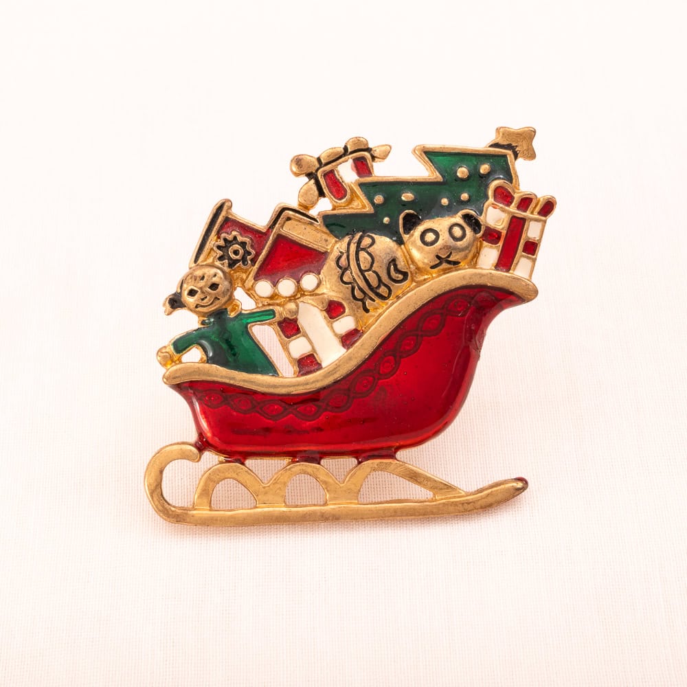 Weihnachtsmann-Schlitten-Brosche-vergoldet-Emaille-rot-grün-weiß