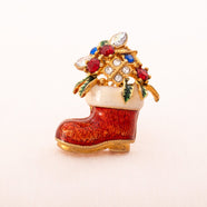 Weihnachtsmann Stiefel Brosche vergoldet mit Emaille Strass und Perlen