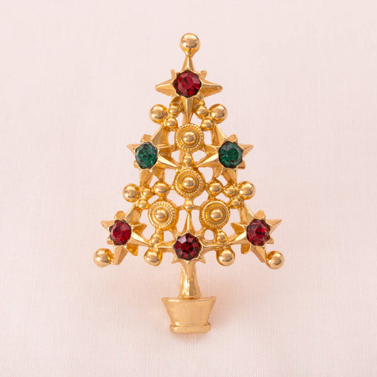 Weihnachtsbaum-Brosche-vergoldet-mit-rotem-grünem-Strass-geschmückt
