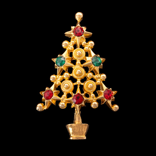 Vintage Christmas tree brooch adorned with red and green rhinestones