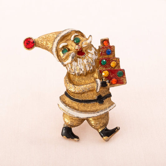 Vintage-Brosche-vergoldeter-Weihnachtsmann-mit-Geschenken-Strass-verziert