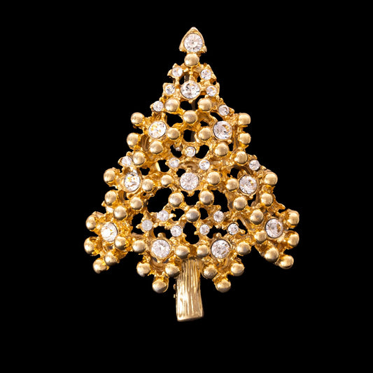 Eisenberg-Weihnachtsbaum-Brosche-vergoldet-mit Kristallen-dekoriert
