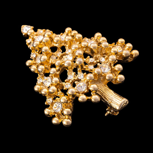 Eisenberg-Weihnachtsbaum-Brosche-vergoldet-mit Kristallen-dekoriert