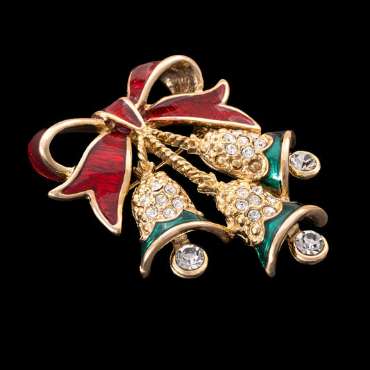 Weihnachtsglocken-Brosche-Kristall-besetzt-mit-rot-emaillierter-Schleife