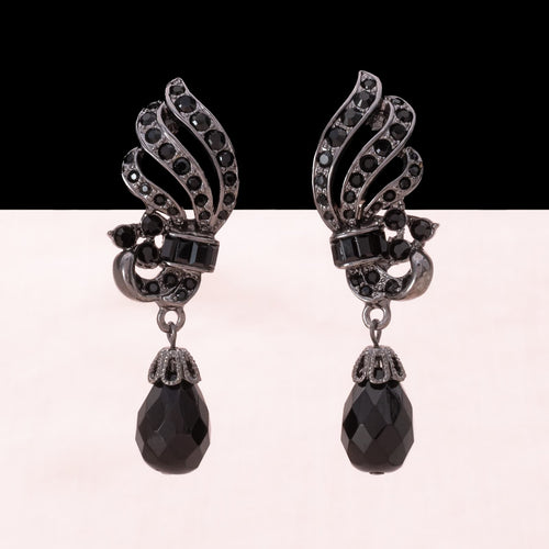 CAROLLE black rhinestone earrings with drop pendant
