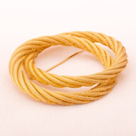 Christian-Dior-grosse-Brosche-2-Ringe-goldfarben-Seilstruktur