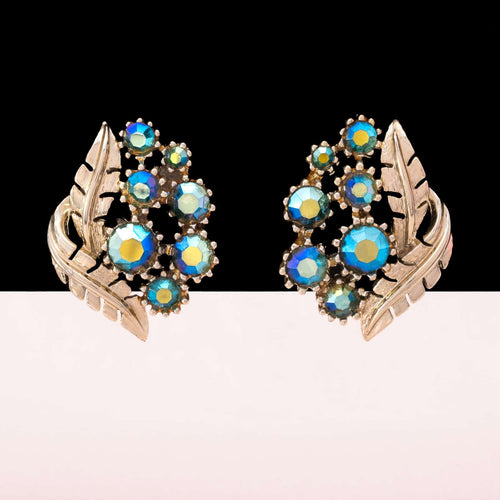 CORO clip-on earrings with blue Aurora Borealis rhinestones