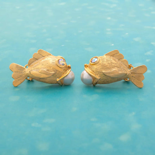 Gold-plated fish clip-on earrings with a pearl in its mouth