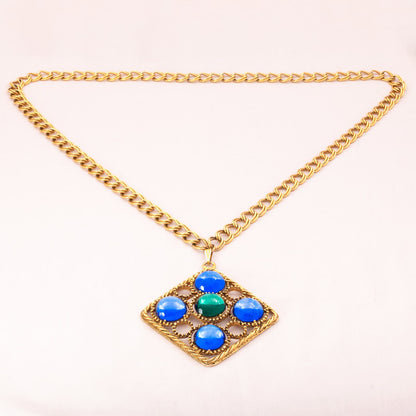 Florenza-Halskette-lange-Gliederkette-großer-Anhänger-blaue-und-grüne-Cabochons
