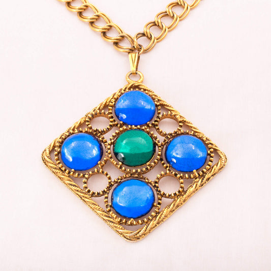 Florenza-Halskette-lgroßer-Anhänger-blaue-und-grüne-Cabochons