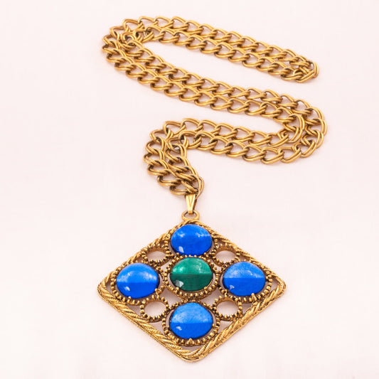 Florenza-Halskette-lange-Gliederkette-großer-Anhänger-blaue-und-grüne-Cabochons