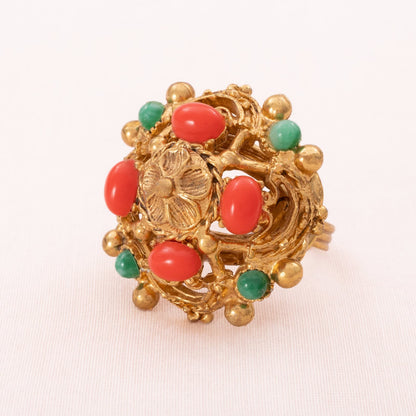 Florenza-Ring-Antik-Revival-Style-vergoldet-orangefarbene-und-grüne-Cabochons