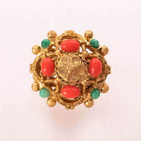 Florenza-Ring-Antik-Revival-Style-vergoldet-orangefarbene-und-grüne-Cabochons