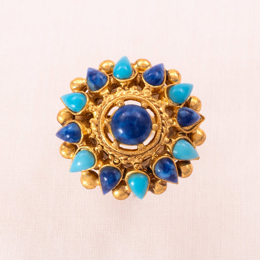 Florenza-verstellbarer-Ring-Antik-Revival-vergoldet-blaue-türkisfarbene-Cabochons