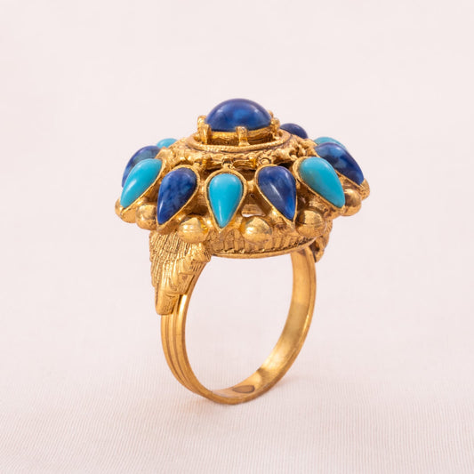 Florenza-verstellbarer-Ring-Antik-Revival-vergoldet-blaue-türkisfarbene-Cabochons