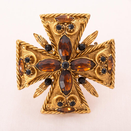 Florenza-große-Brosche-vergoldetes-Malteserkreuz-braune-und-schwarze-Strasssteine
