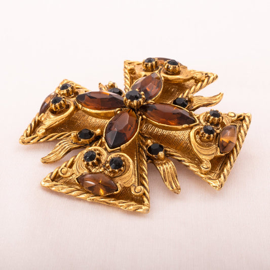 Florenza-große-Brosche-vergoldetes-Malteserkreuz-braune-und-schwarze-Strasssteine