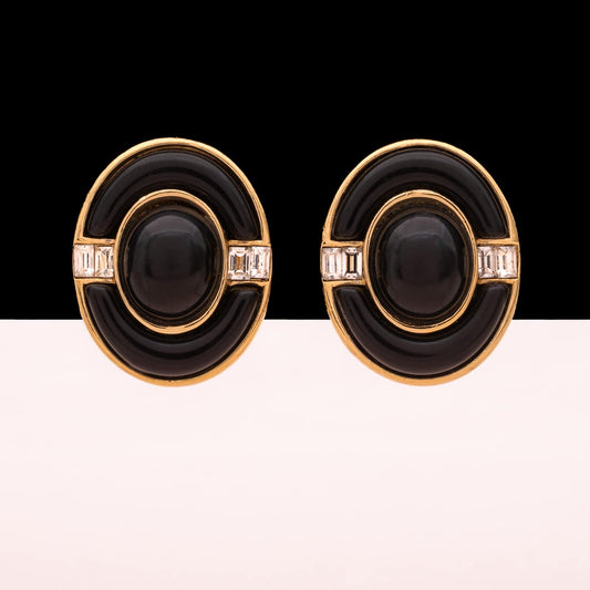 Givenchy-ovale-Ohrclips-schwarzer-Cabochon-Baguettesteine-80er-Jahre