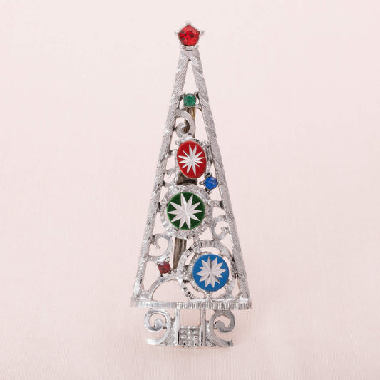 Silberfarbene Weihnachtsbaum Brosche aus den 70er Jahren