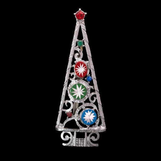 Silver-colored Christmas tree brooch from the 70s