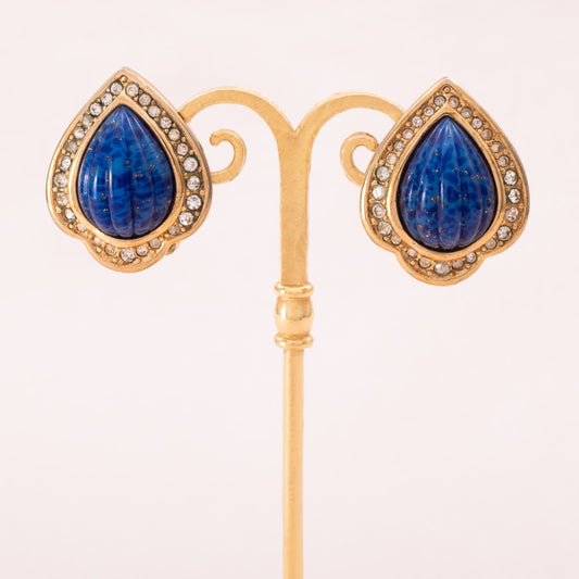 Grossè-Ohrclips-vergoldet-blaue.Cabochons-glitzernde-Kristalle