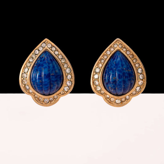 Grossè-Ohrclips-vergoldet-blaue.Cabochons-glitzernde-Kristalle