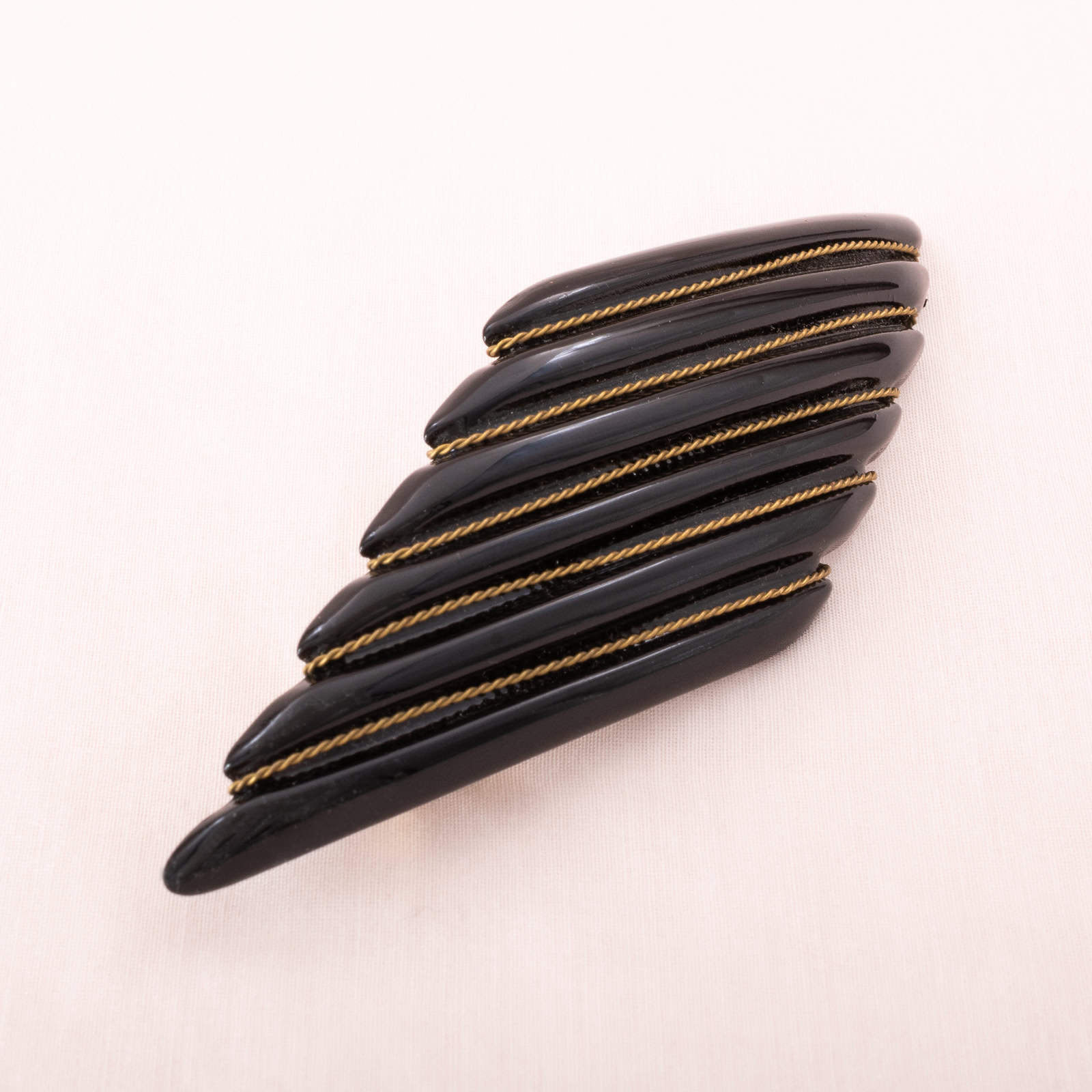 Vintage-Haarspange-schwarze-gerippte-Raute-mit-Draht-umwickelt