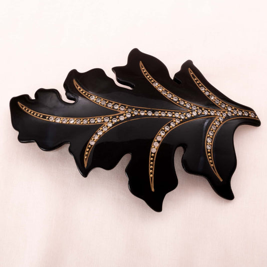 Vintage-Haarspange-schwarzes-Blatt-Strass-besetzt