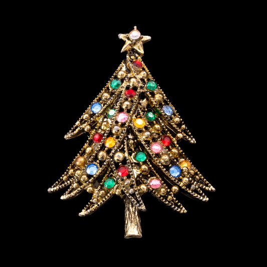 Hollycraft-Weihnachtsbaum-Brosche-mit-bunten-Strasssteinen-geschmückt