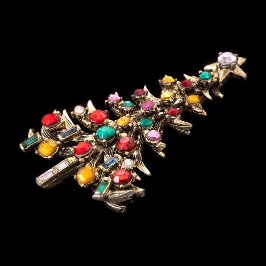 Hollycraft-Weihnachtsbaum-Brosche-bunte-Strasssteine