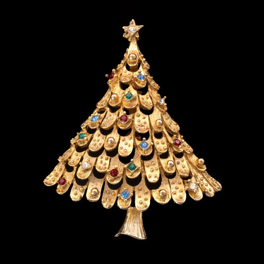 J.J-Weihnachtsbaum-Brosche-vergoldet-mit-kleinem-bunten-Strass-verziert
