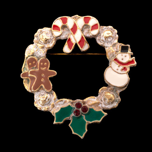 KC Christmas wreath brooch with snowman and peppermint stick