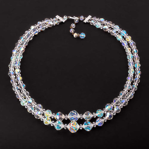 Double strand crystal necklace with Aurora Borealis pearls