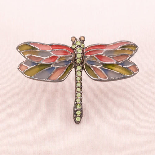 Monet small dragonfly brooch in green and pink