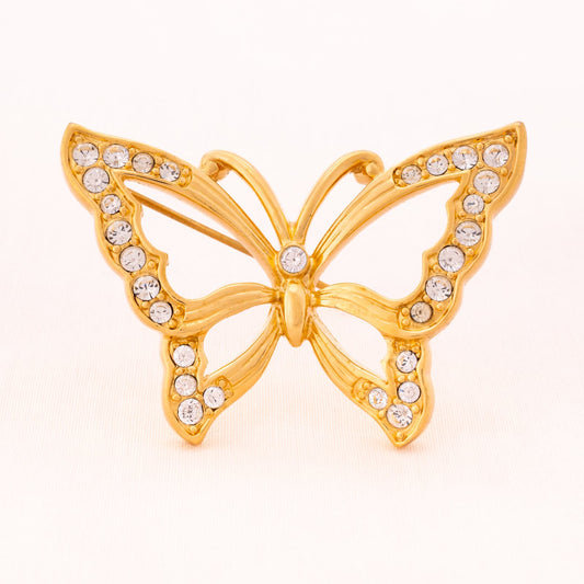 Monet-Schmetterling-Brosche-vergoldet-Kristall-besetzt