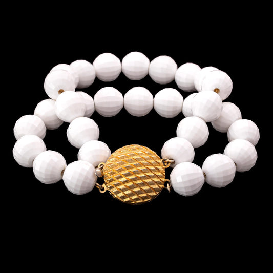 Monet-weißes-Armband-2-Stränge-facettierte-Kunststoffperlen-vergoldeter-Verschluss
