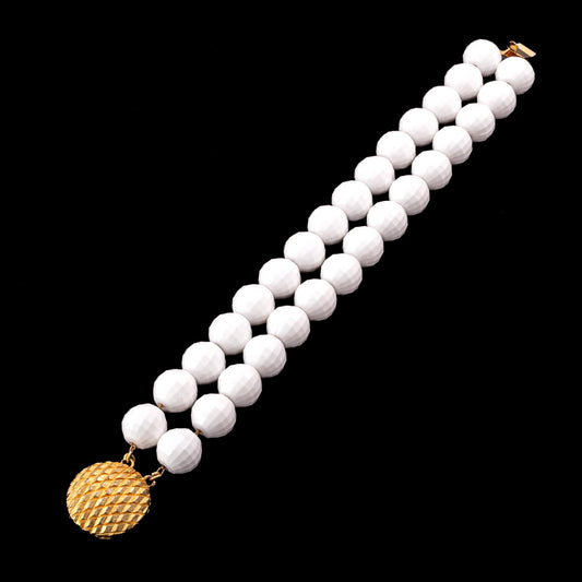 Monet-weißes-Armband-2-Stränge-facettierte-Kunststoffperlen-vergoldeter-Verschluss