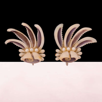 Muschel-Ohrringe-1940er-handgefertigt-Perlen-verziert