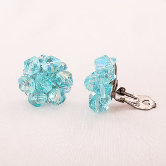 Vintage-Ohrclips-hellblaue-Kunststoff-Perlen-rund-geformt