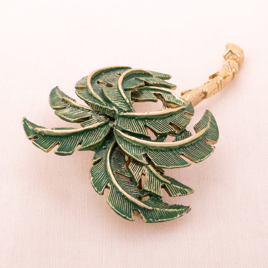 Vintage-Palmen-Brosche-mit-grünen-Blättern