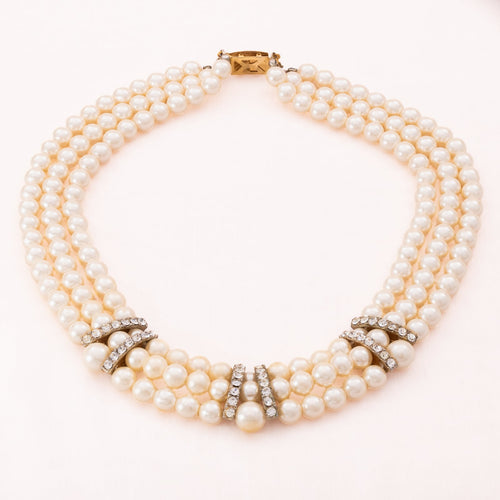 Vintage Perlenkette 3-reihig mit Strass verziert