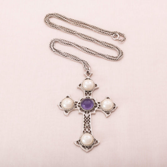 Sarah-Coventry-Halskette-mit-großem-Kreuz-Anhänger