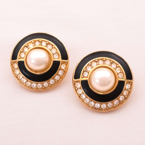 SWAROVSKI round ear clips with pearl and black enamel