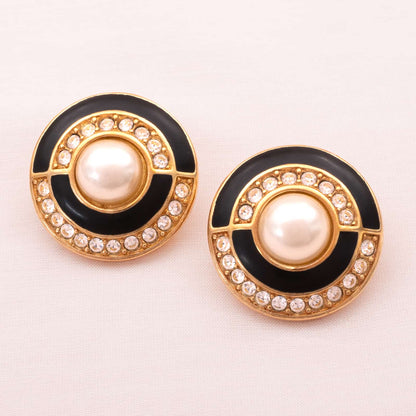 Swarovski-runde-Ohrringe-Perle-Kristalle-schwarze-Emaille