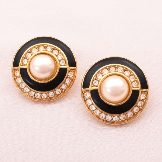 Swarovski-runde-Ohrringe-Perle-Kristalle-schwarze-Emaille